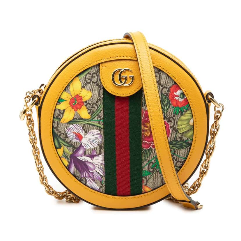 Gucci Mini GG Supreme Flora Ophidia Round Crossbody Beige Canvas Very good condition - Front View