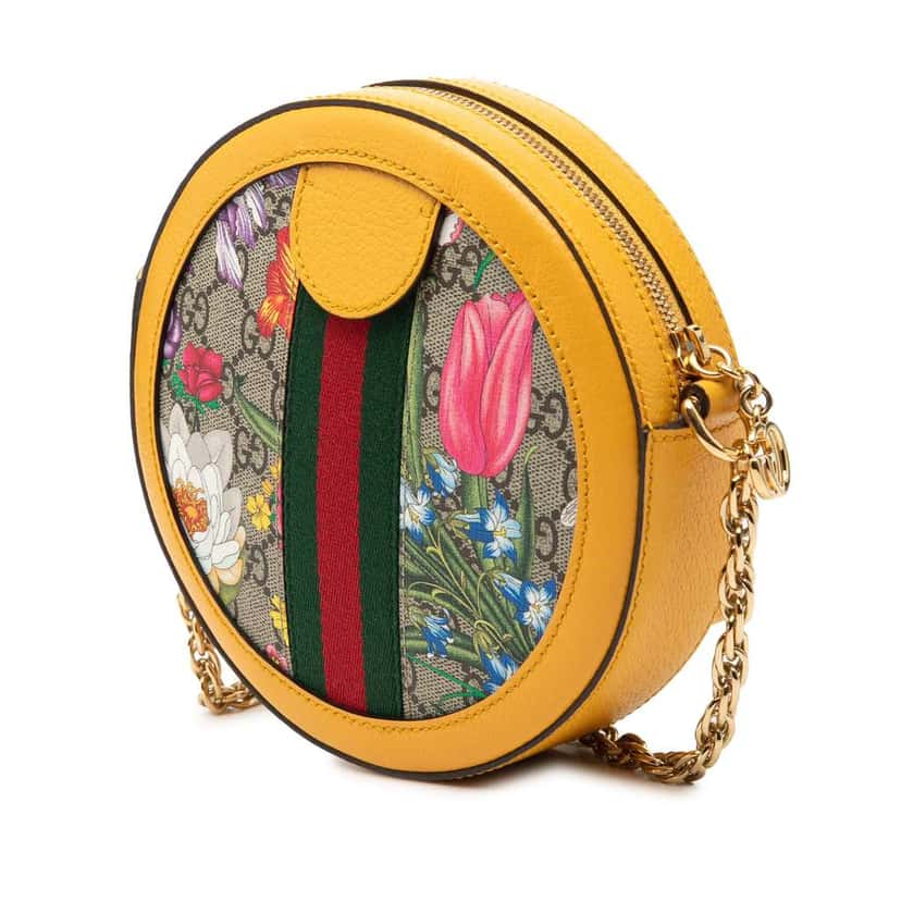 Gucci Mini GG Supreme Flora Ophidia Round Crossbody Beige Canvas Very good condition - Back View