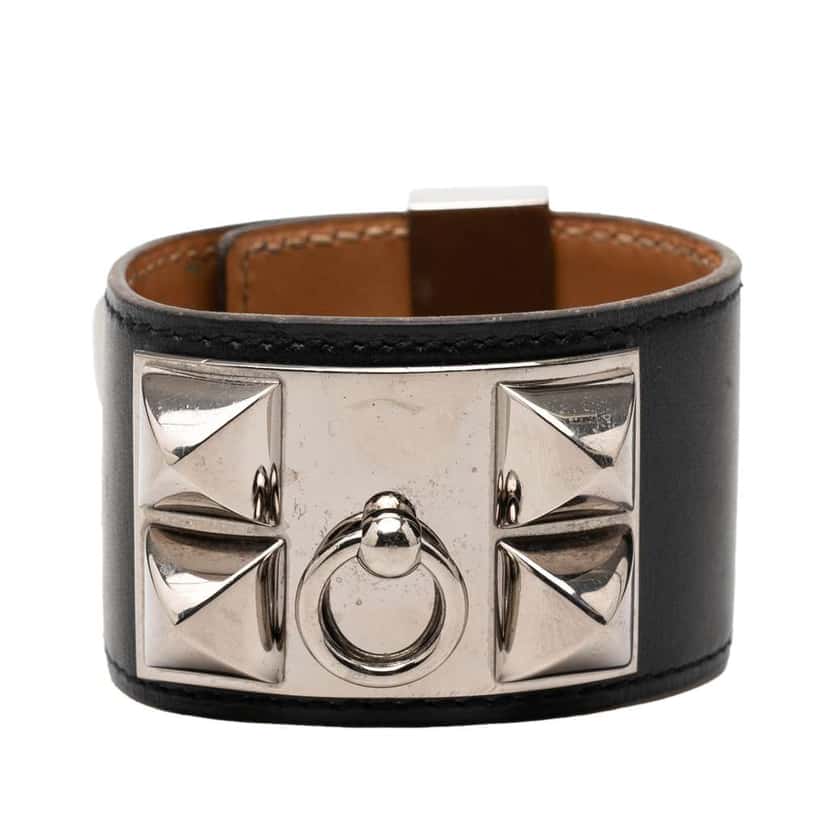 Hermès Swift Leather and Palladium Plated Collier de Chien Bracelet Black Leather Very good condition - Front View