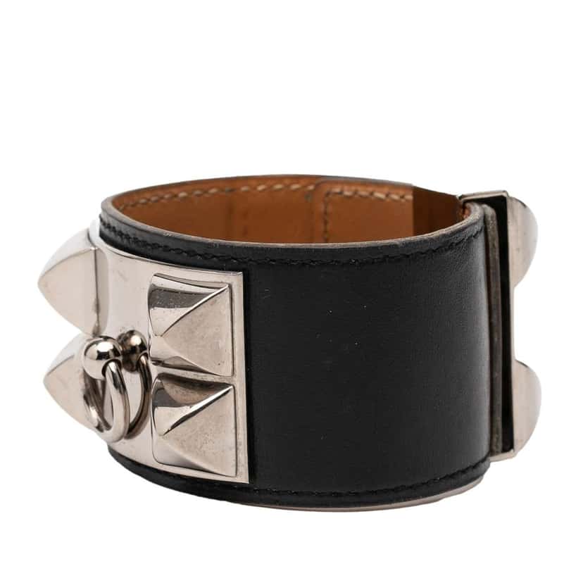 Hermès Swift Leather and Palladium Plated Collier de Chien Bracelet Black Leather Very good condition - Back View