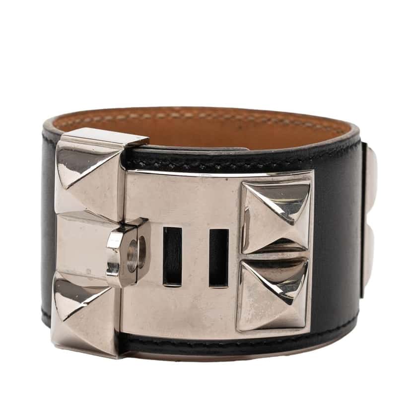 Hermès Swift Leather and Palladium Plated Collier de Chien Bracelet Black Leather Very good condition - Inside View