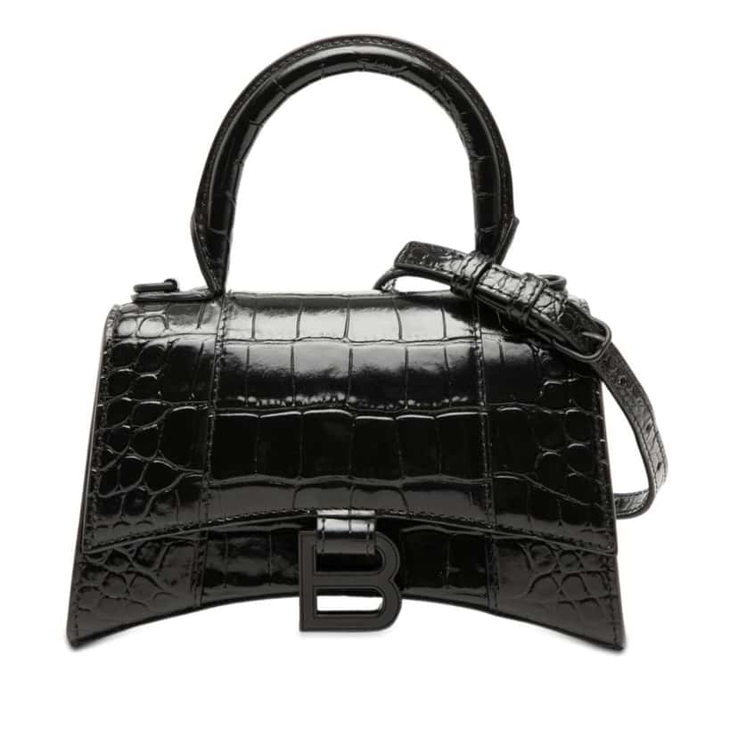 Balenciaga XS Croc Embossed Hourglass Top Handle Bag Black Leather Very good condition - Front View
