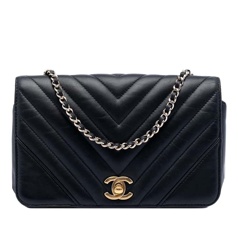 Chanel Mini Chevron Calfskin Statement Flap Black Leather Very good condition - Front View