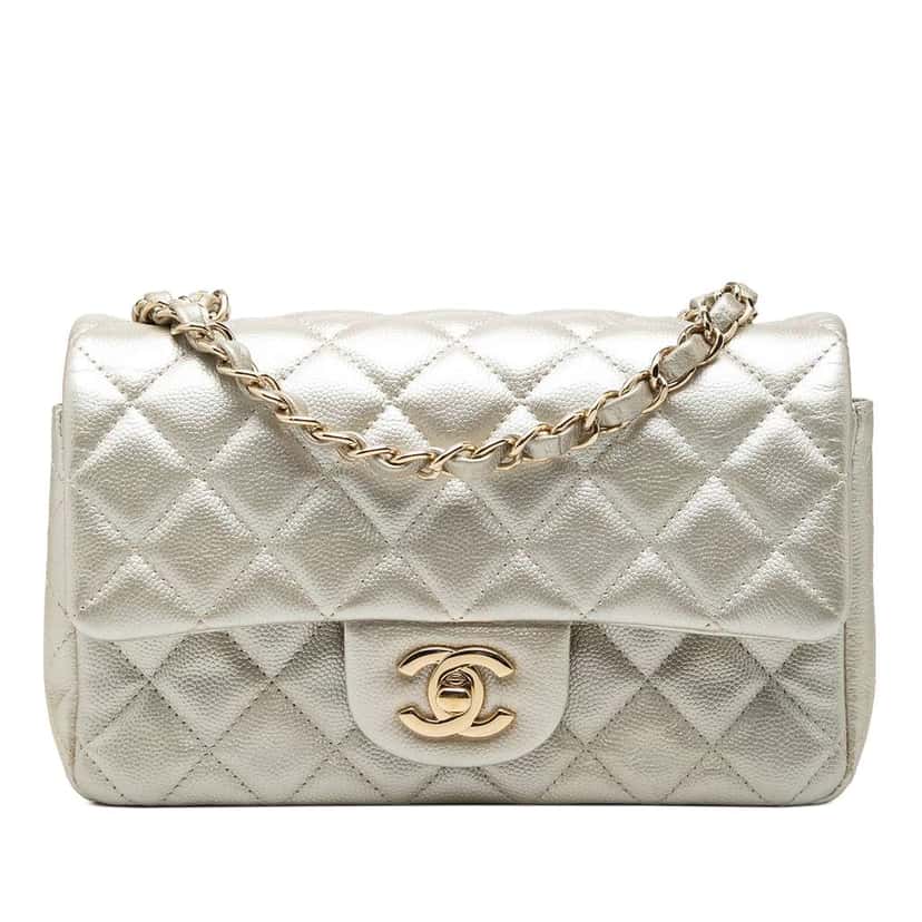 Chanel Mini Rectangular Classic Metallic Caviar Single Flap Gold Leather Very good condition - Front View