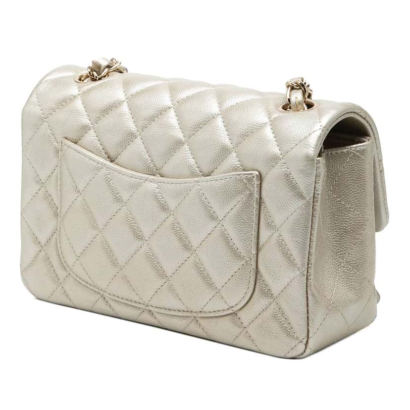 Chanel Mini Rectangular Classic Metallic Caviar Single Flap Gold Leather Very good condition - Back View