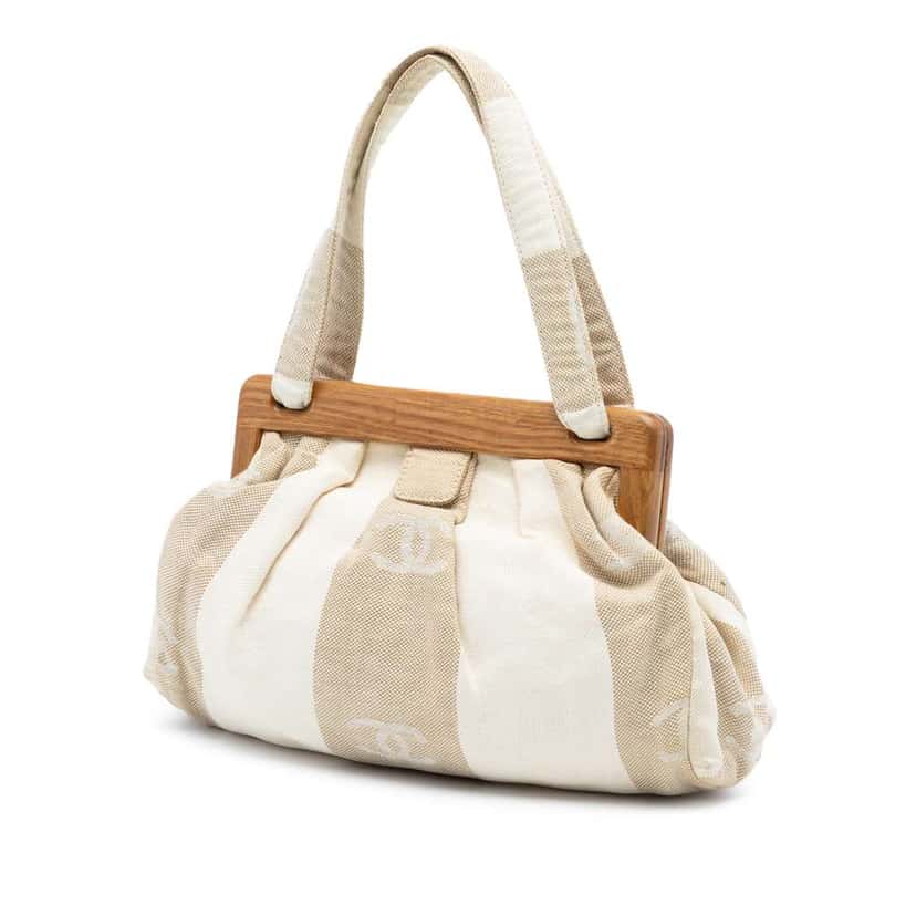 Chanel Canvas Wooden Clam Shell Handbag White Canvas Very good condition - Back View