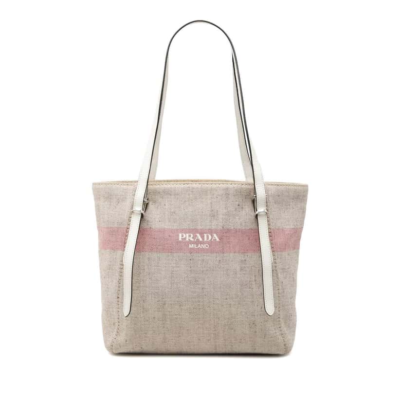 Prada Canvas Logo Stripe Shopper Tote Beige Canvas Very good condition - Front View