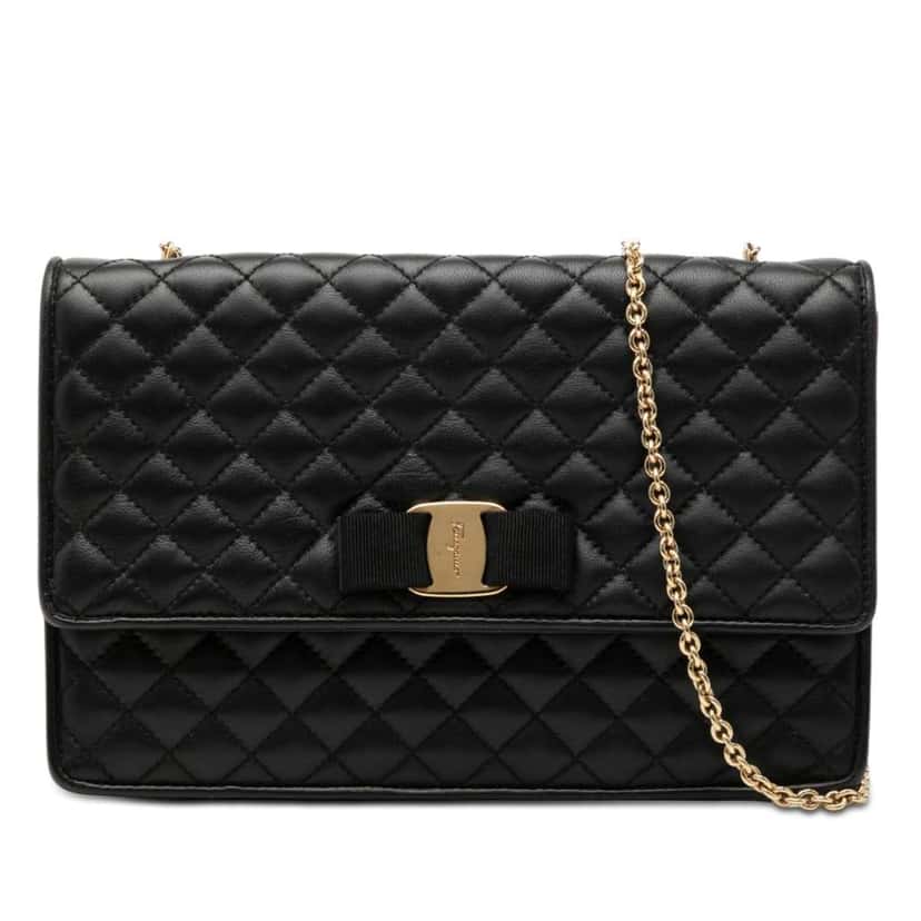 Salvatore Ferragamo Medium Quilted Leather Vara Ginny Chain Crossbody Black Leather Very good condition - Front View