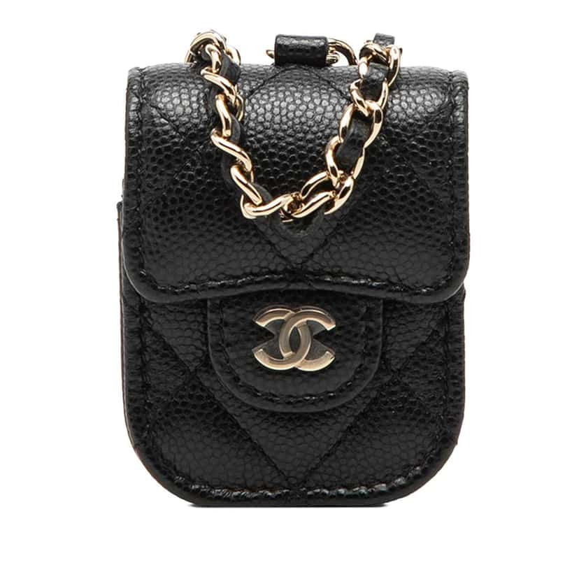 Chanel CC Quilted Caviar AirPods Case Black Leather Very good condition - Front View