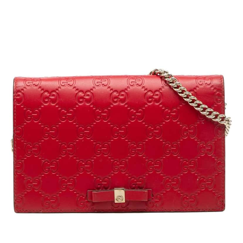 Gucci Mini Guccissima Bow Signature Wallet On Chain Red Leather Very good condition - Front View