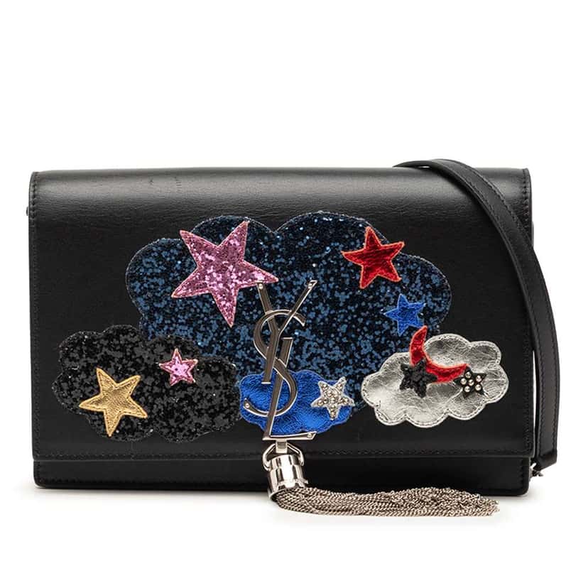 Saint Laurent Calfskin Cloud Star Applique Classic Monogram Kate Tassel Wallet on Chain Black Leather Very good condition - Front View