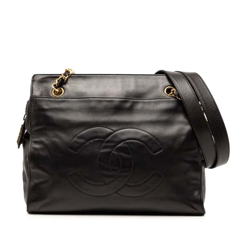 Chanel CC Lambskin Chain Tote Black Leather Very good condition - Front View