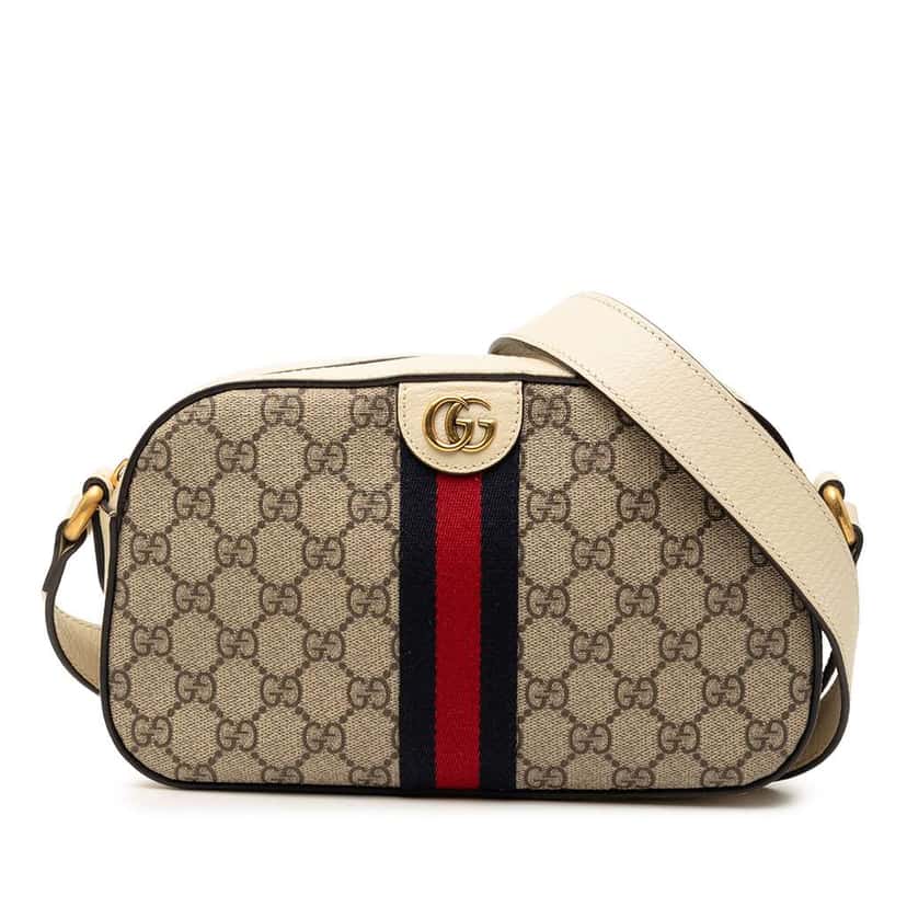 Gucci Small GG Supreme Textured Calfskin Web Ophidia Camera Bag Beige Canvas Very good condition - Front View
