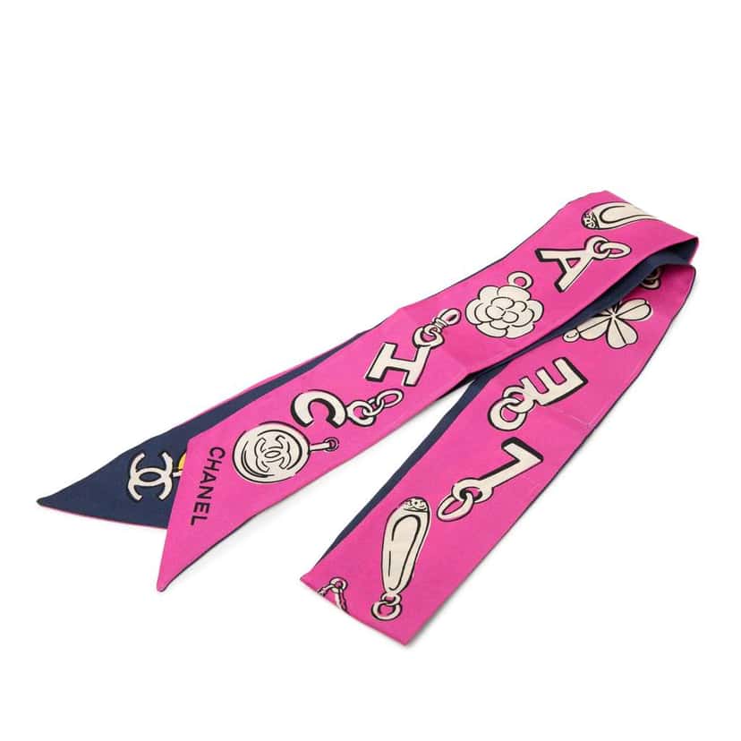 Chanel Coco Charms Print Silk Slim Bandeau Scarf Pink Silk Very good condition - Front View