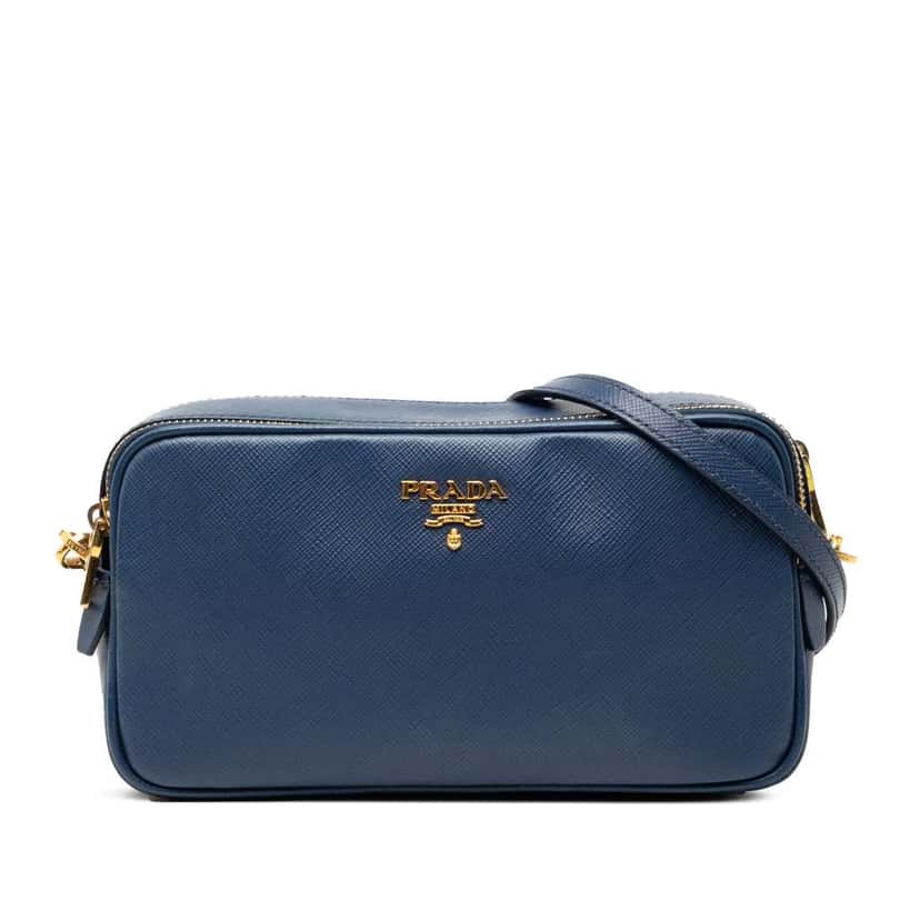Prada Mini Saffiano Double Zip Crossbody Blue Leather Very good condition - Front View
