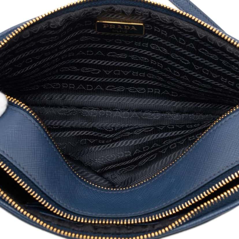 Prada Mini Saffiano Double Zip Crossbody Blue Leather Very good condition - Model View