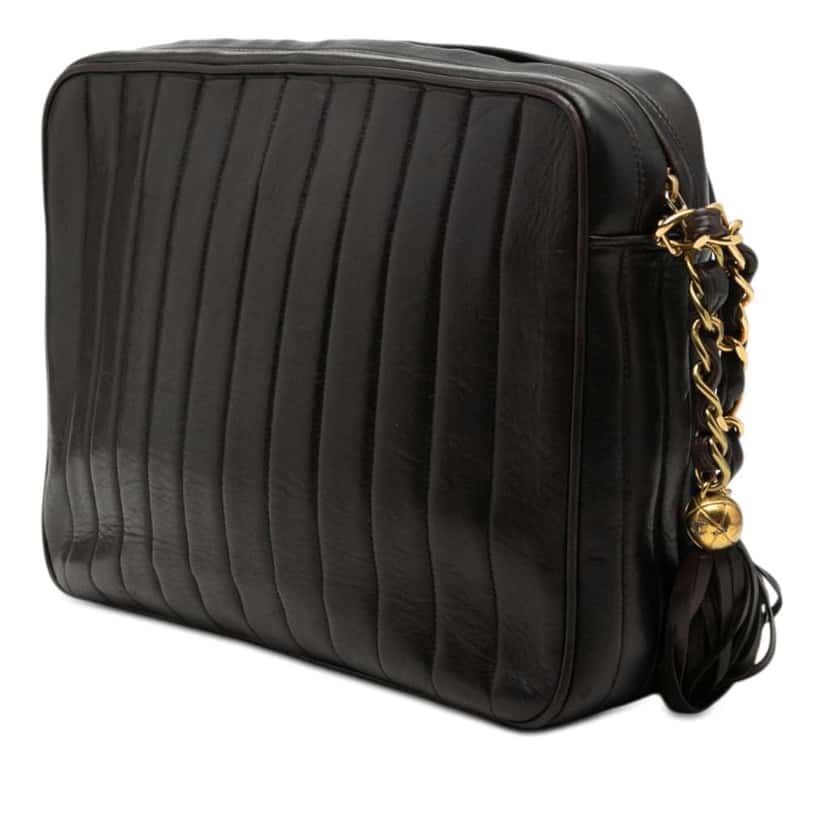 Chanel CC Vertical Quilted Lambskin Tassel Flap Camera Bag Black Leather Good condition - Back View