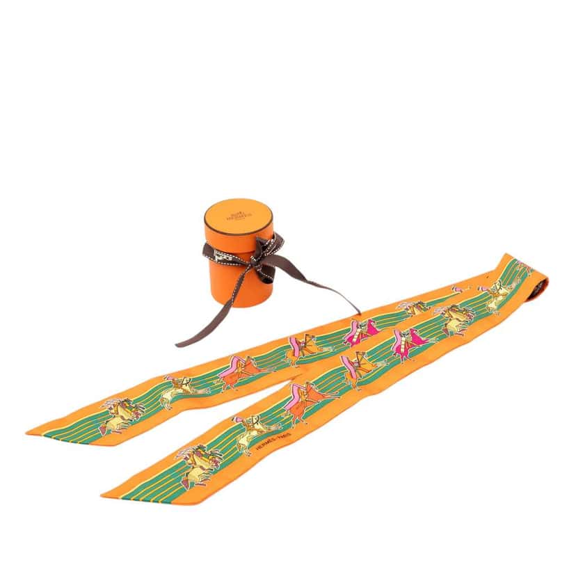 Hermès Pani La Shar Pawnee Twilly Silk Scarf Orange Silk Very good condition - Box View