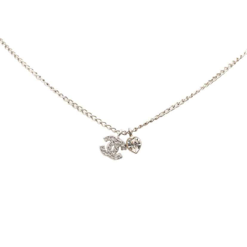 Chanel CC Brass and Strass Heart Pendant Necklace Silver Brass Very good condition - Back View