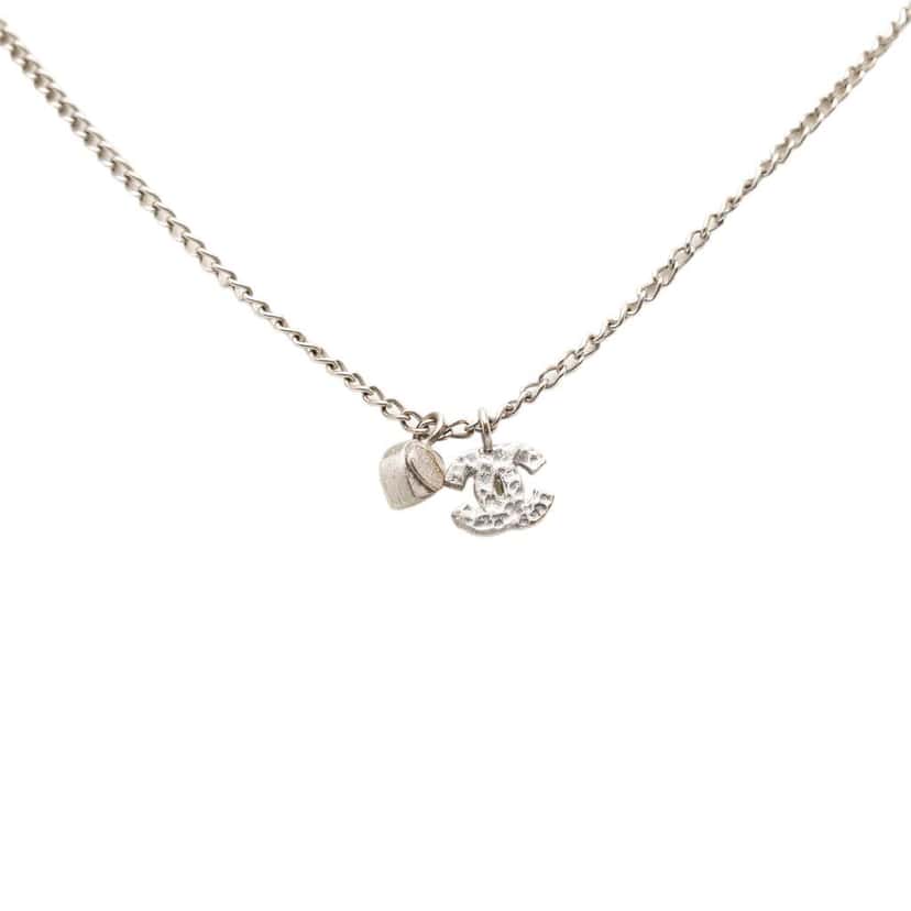 Chanel CC Brass and Strass Heart Pendant Necklace Silver Brass Very good condition - Inside View