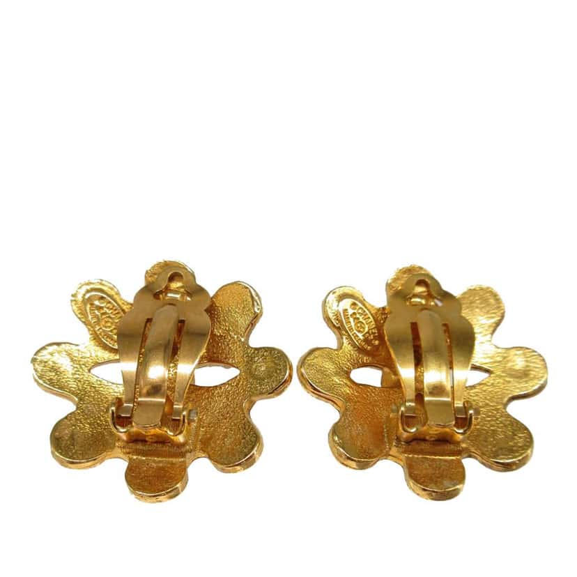 Chanel CC Gold Plated Floral Clip On Earrings Gold Metal Very good condition - Back View
