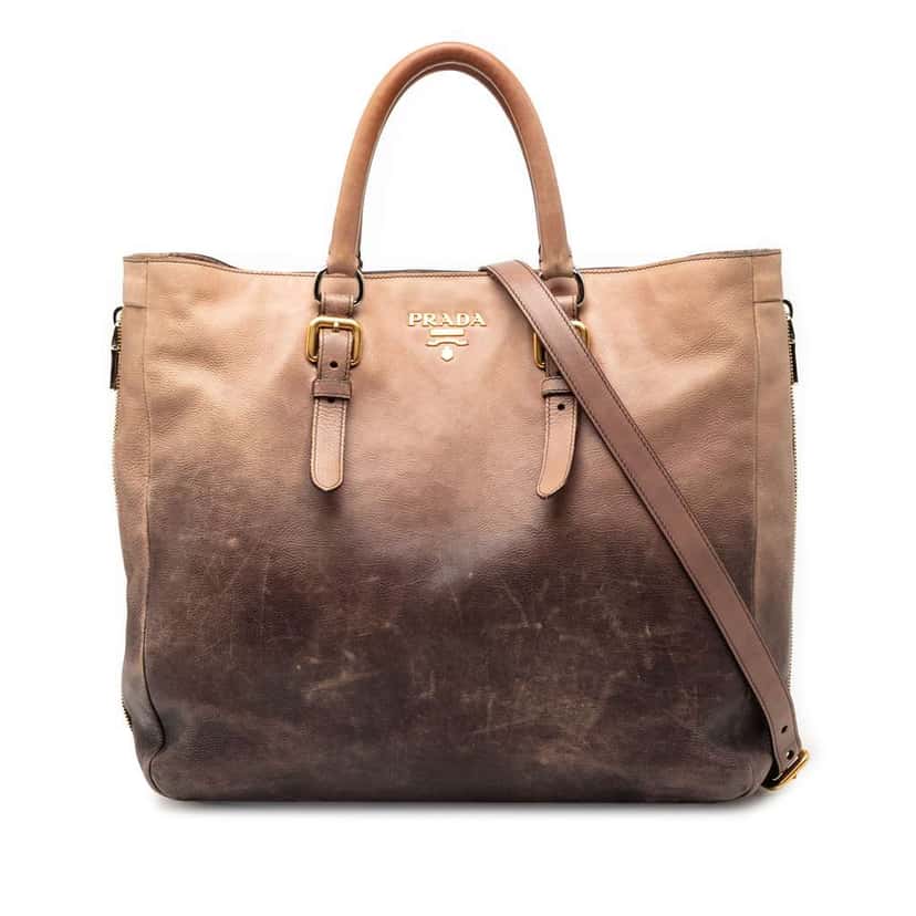 Prada Ombre Vitello Daino Side Zip Convertible Tote Brown Leather Very good condition - Front View