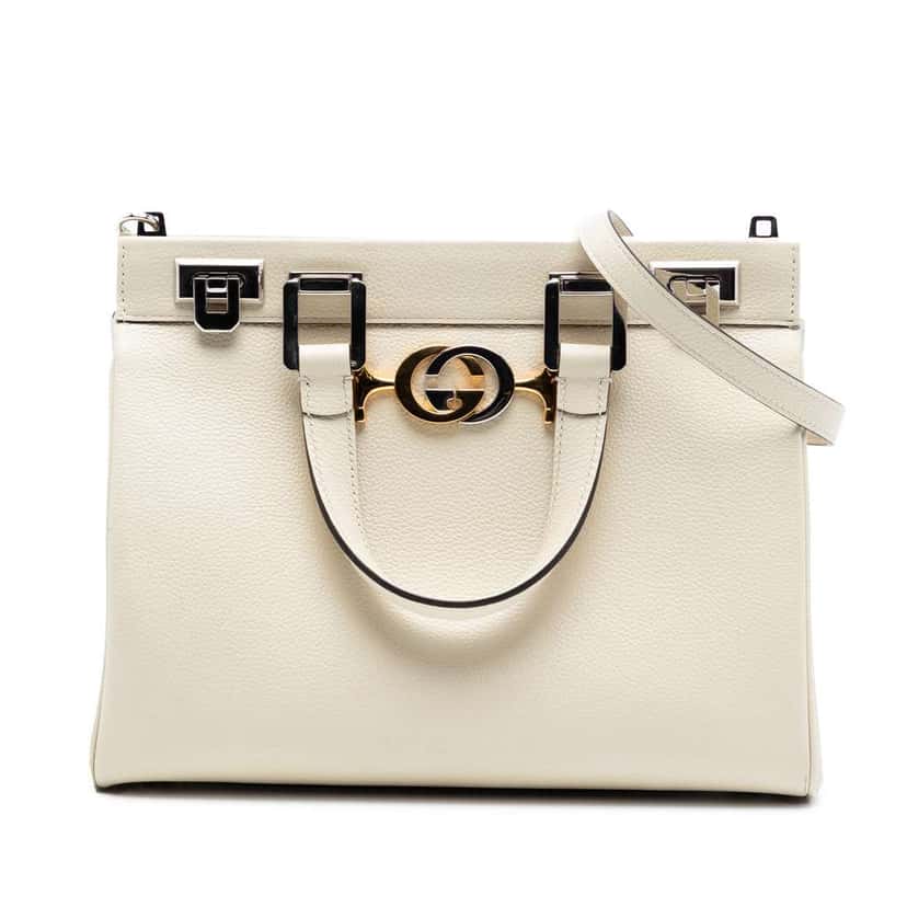 Gucci Small Grained Calfskin Zumi Top Handle Bag White Leather Very good condition - Front View