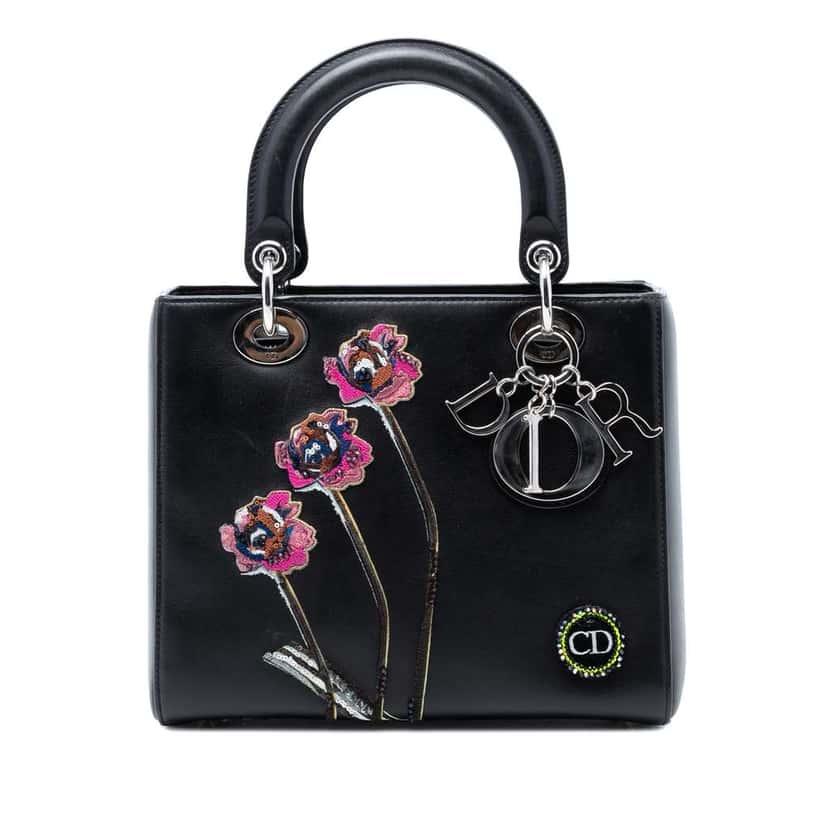 Dior Medium Calfskin Embroidered Flower Lady Dior Black Leather Very good condition - Front View