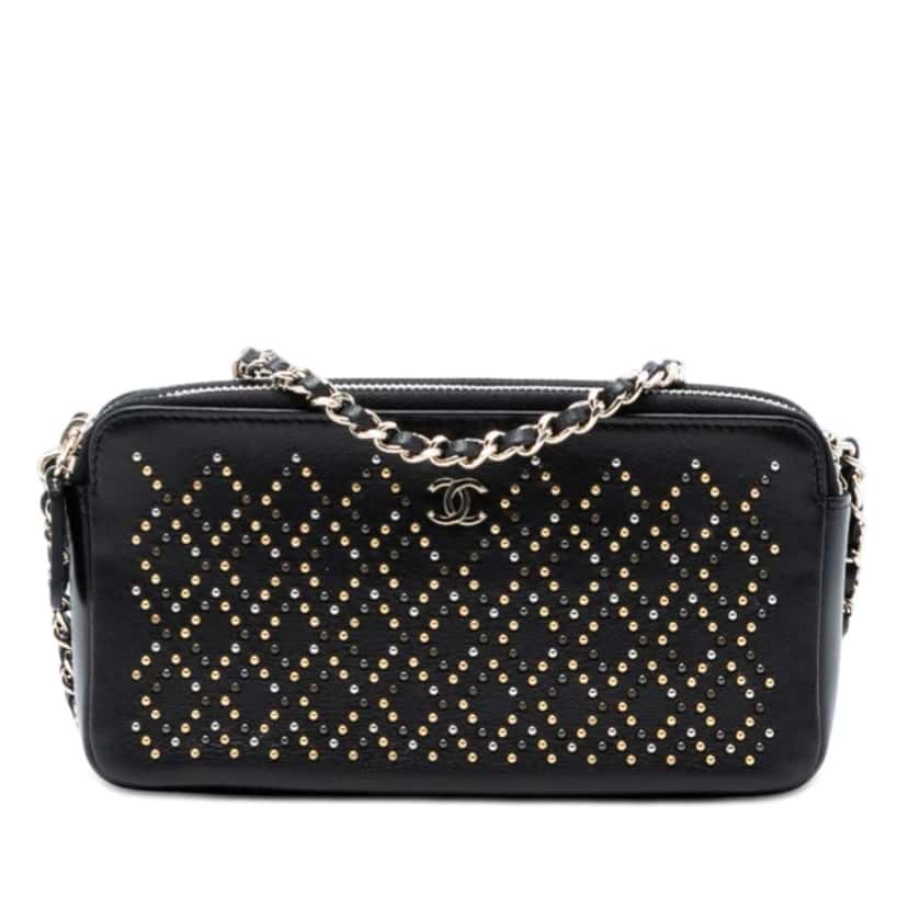 Chanel CC Studded Lambskin Double Zip Clutch with Chain Black Leather Very good condition - Front View