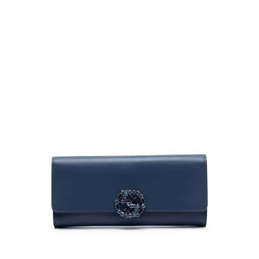 Gucci Calfskin Crystals Broadway Clutch Blue Leather Very good condition - Front View