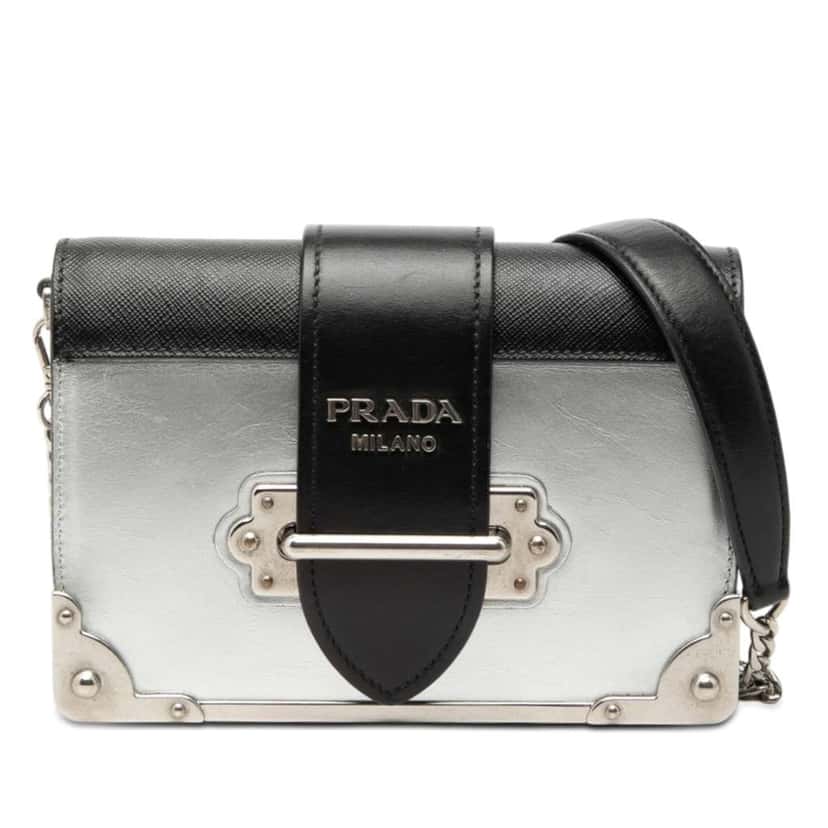 Prada Saffiano Trimmed Metallic Vitello Cahier Bag Silver Leather Very good condition - Front View