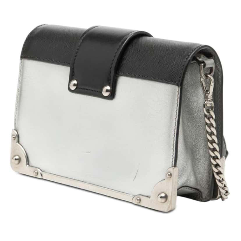 Prada Saffiano Trimmed Metallic Vitello Cahier Bag Silver Leather Very good condition - Back View