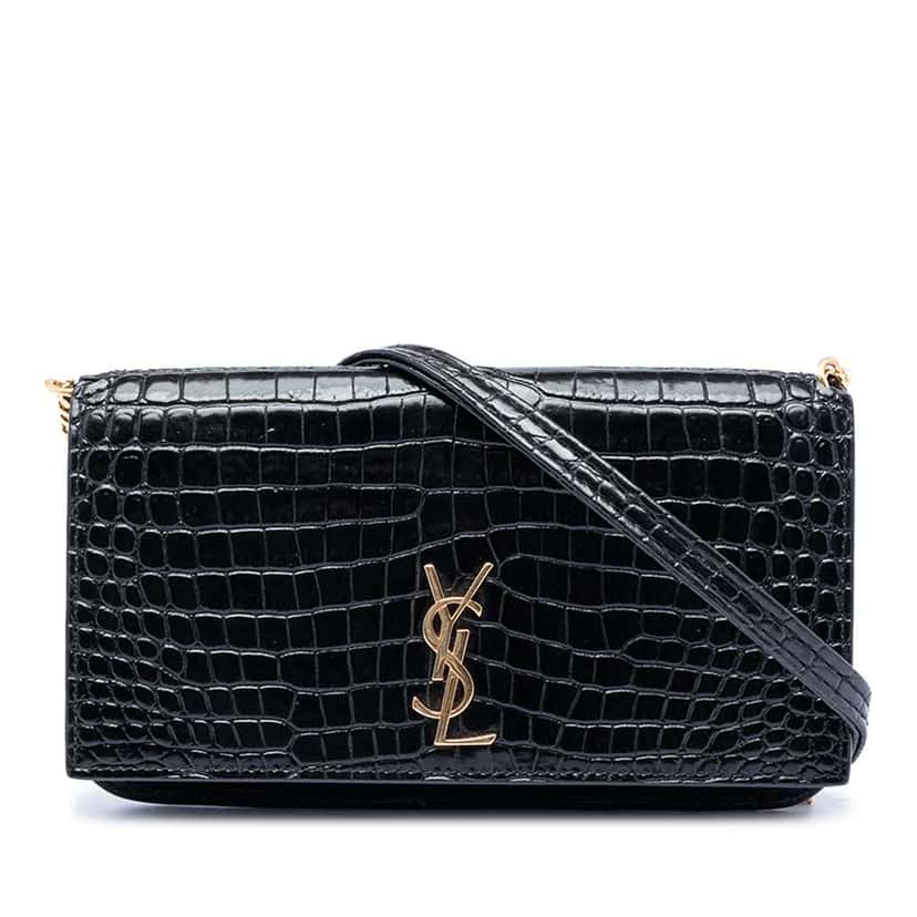 Saint Laurent Croc Embossed Leather Cassandre Phone Holder Black Leather Very good condition - Front View