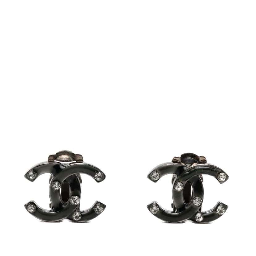 Chanel CC Brass Strass Lacquered Clip On Earrings Black Brass Very good condition - Front View