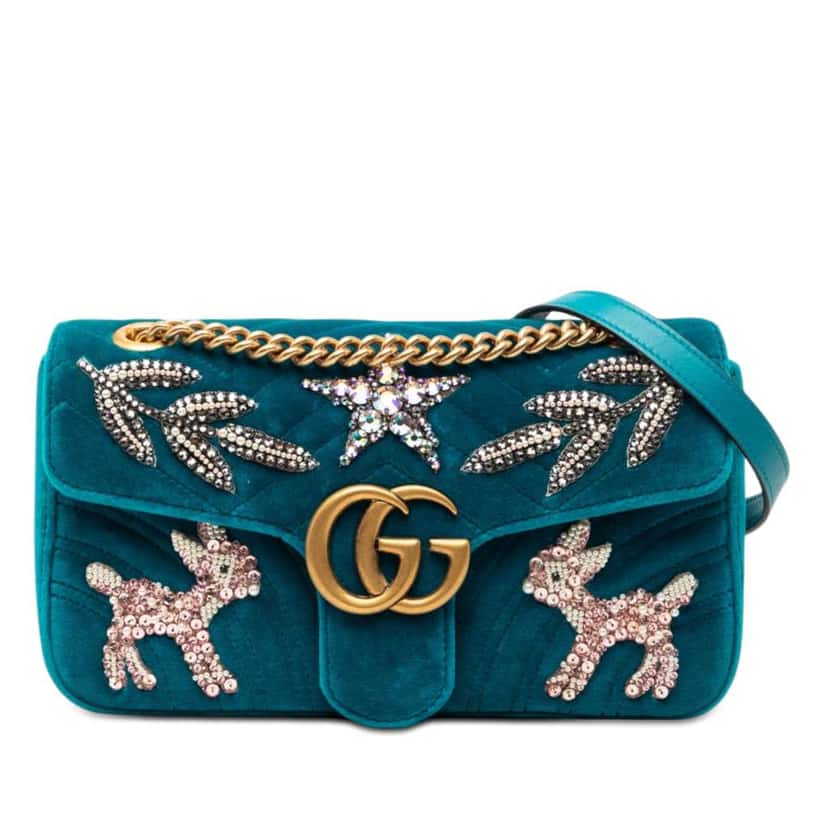 Gucci Medium GG Marmont Matelasse Velvet Embellished Shoulder Bag Blue Velvet Very good condition - Front View