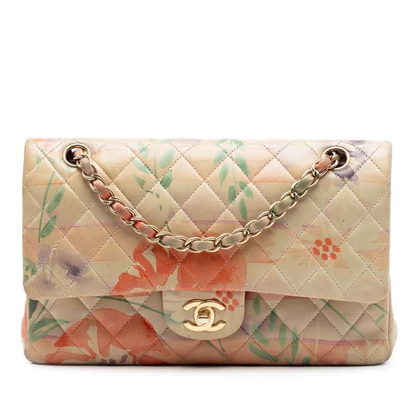 Chanel Medium Classic Lambskin Floral Double Flap Beige Leather Very good condition - Front View