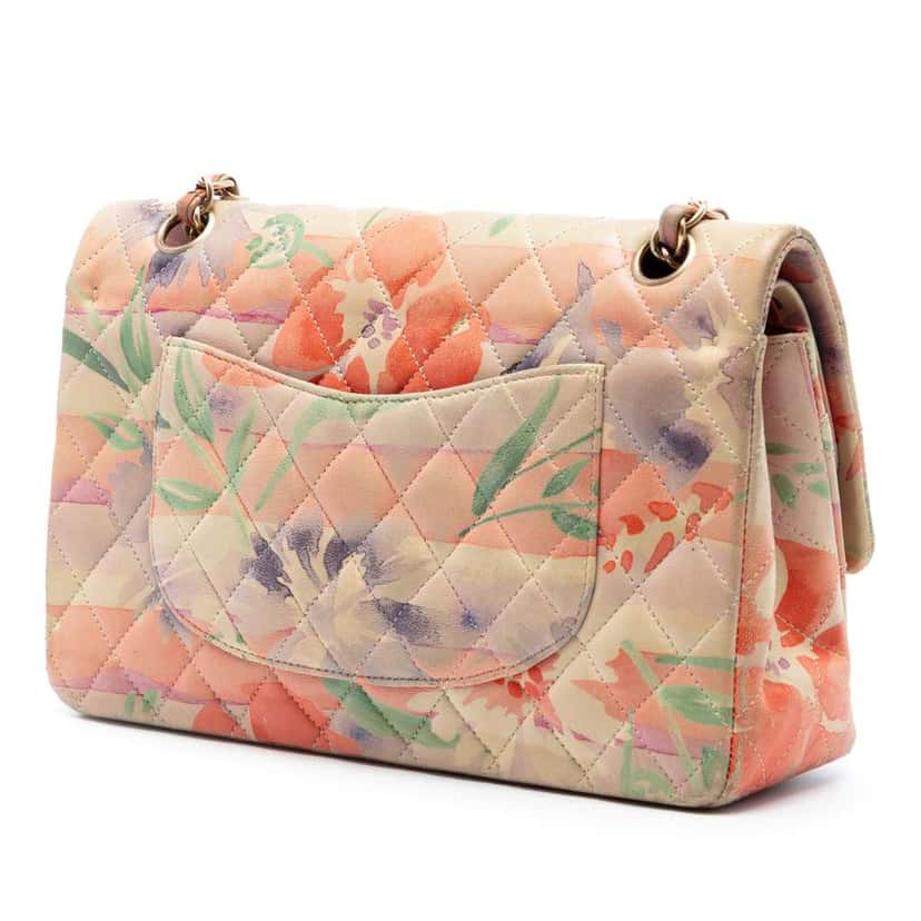 Chanel Medium Classic Lambskin Floral Double Flap Beige Leather Very good condition - Back View