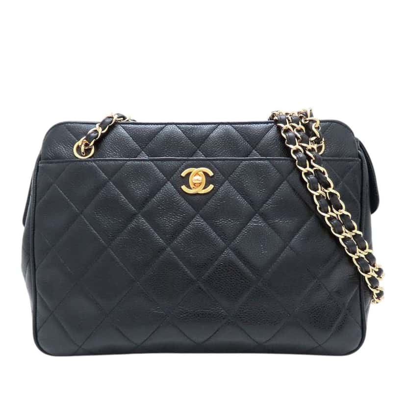 Chanel CC Quilted Caviar Front Pocket Shoulder Bag Black Leather Very good condition - Front View