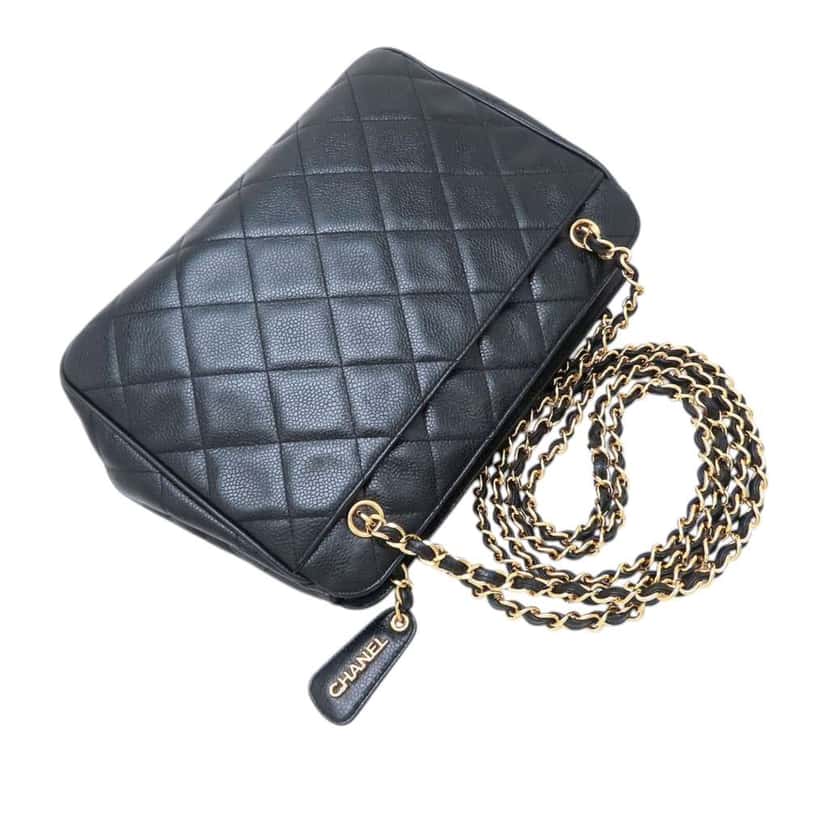 Chanel CC Quilted Caviar Front Pocket Shoulder Bag Black Leather Very good condition - Back View