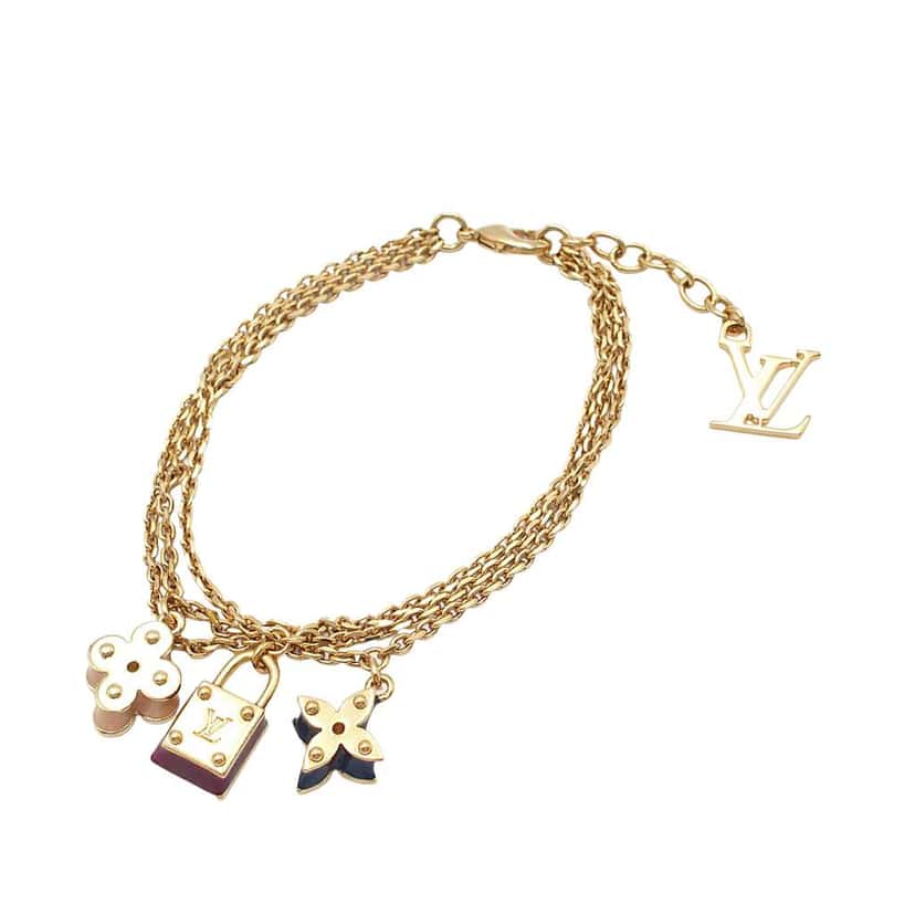 Louis Vuitton Gold Plated Enamel Monogram Sweet Charm Triple Chain Bracelet Gold Metal Very good condition - Front View