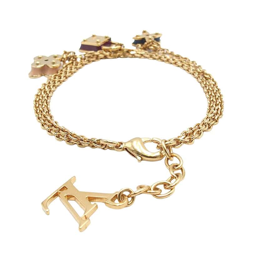 Louis Vuitton Gold Plated Enamel Monogram Sweet Charm Triple Chain Bracelet Gold Metal Very good condition - Back View