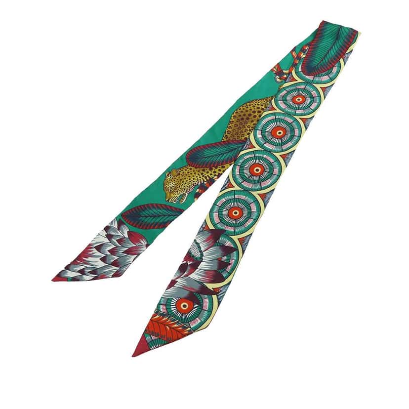 Hermès The Savana Dance Silk Twilly Scarf Green Silk Very good condition - Back View