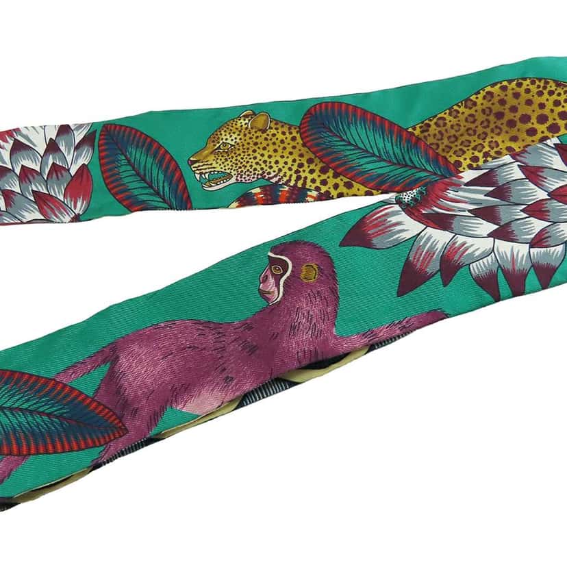 Hermès The Savana Dance Silk Twilly Scarf Green Silk Very good condition - Inside View