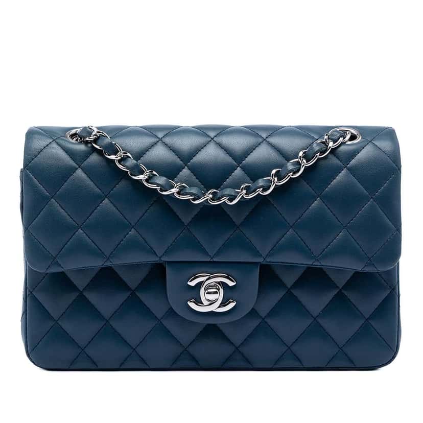 Chanel Small Classic Lambskin Double Flap Blue Leather Very good condition - Front View