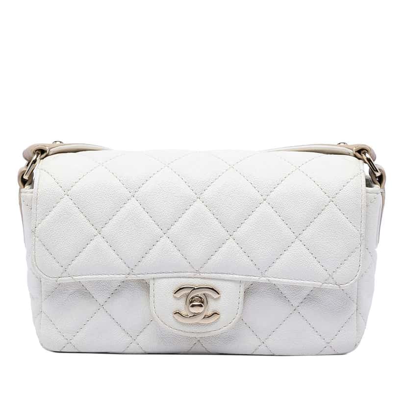 Chanel Mini Rectangular Caviar Single Flap White Leather Very good condition - Front View