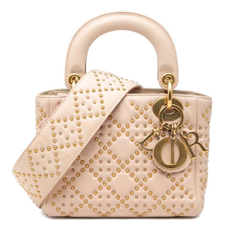 Dior Mini Lambskin Cannage Studded Supple Lady Dior Brown Leather Very good condition - Front View