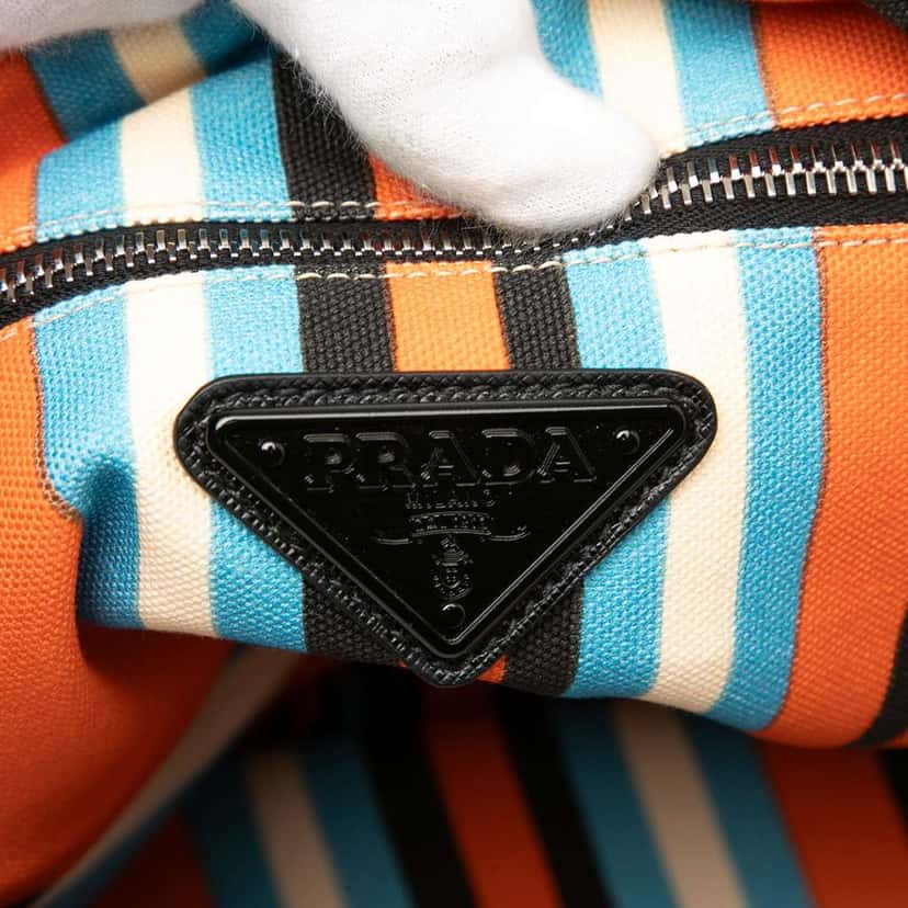 Prada Canvas Striped Triangle Logo Shoulder Bag Orange Canvas Very good condition - Box View