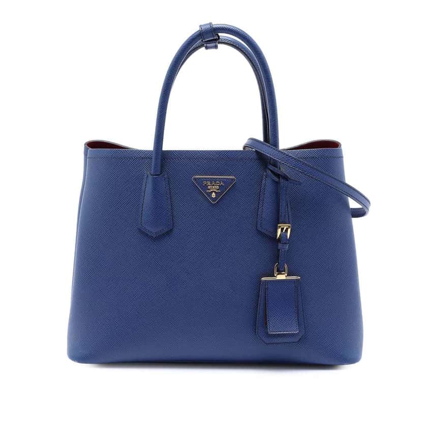 Prada Medium Saffiano Cuir Double Satchel Blue Leather Very good condition - Front View
