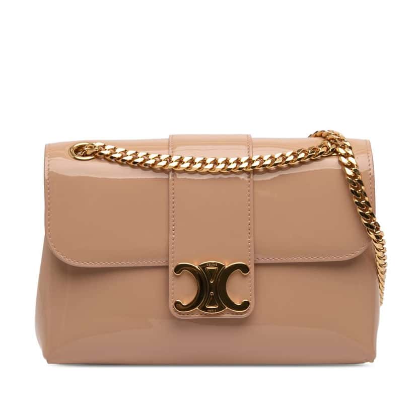 Celine Teen Patent Triomphe Victoire Chain Shoulder Bag Brown Leather Very good condition - Front View