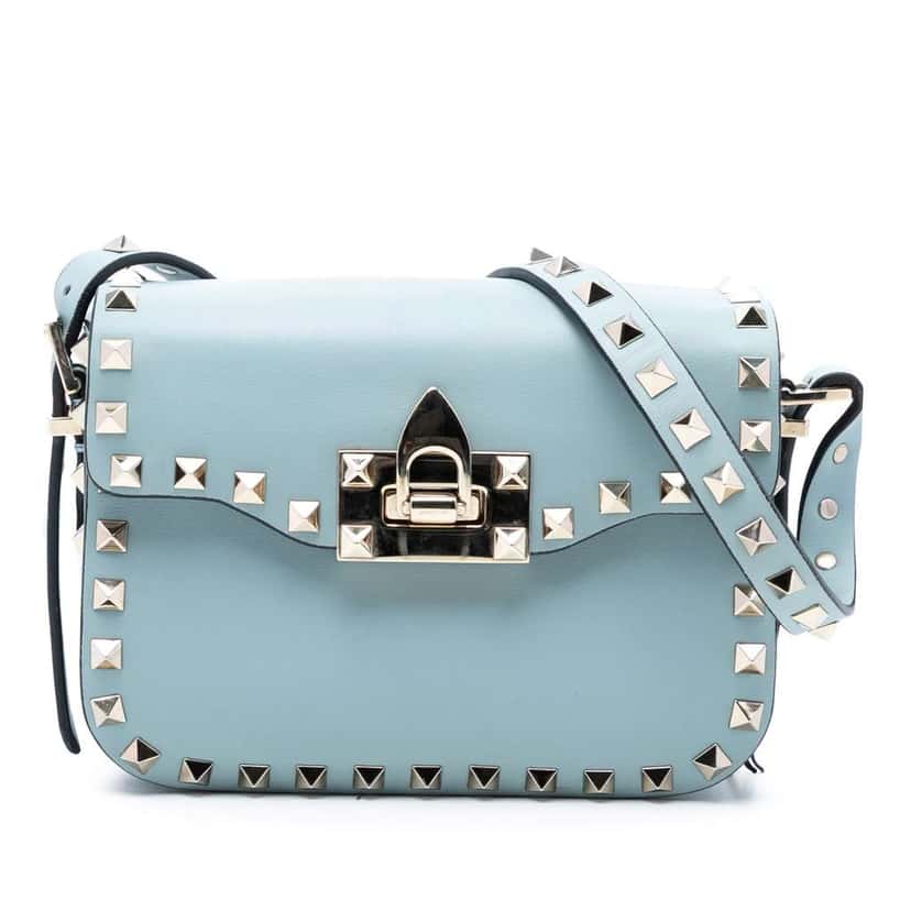 Valentino Mini Leather Rockstud Flap Crossbody Blue Leather Very good condition - Front View
